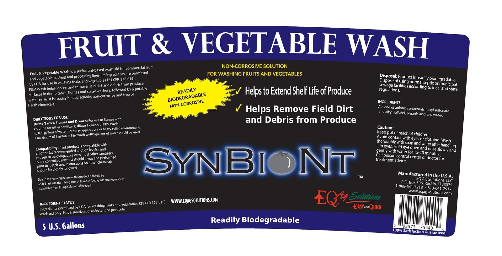 Synbiont Fruit & Vegetable Wash 5 gallon label, 2026